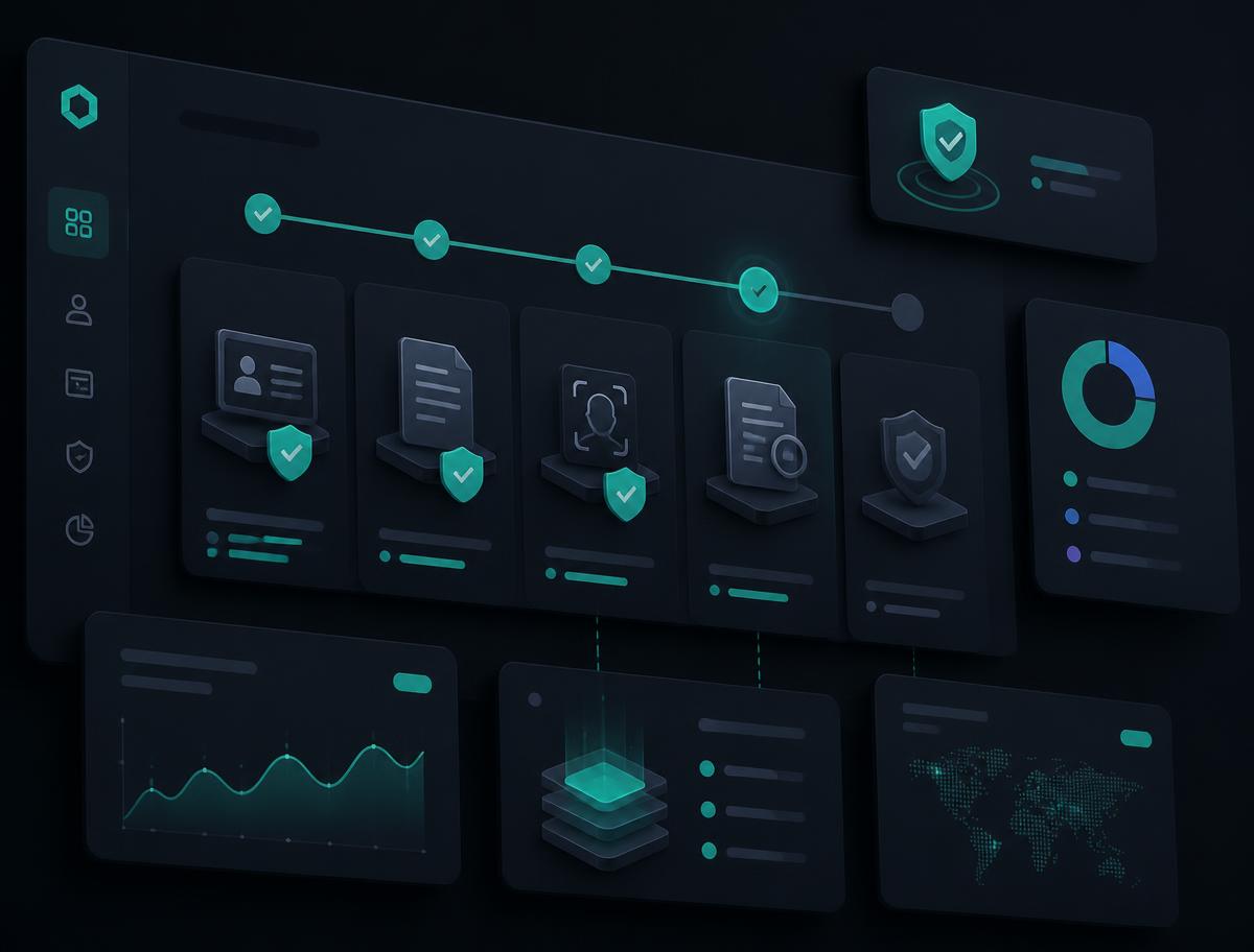 Abstract dashboard illustrating the multi-step KYC verification pipeline
